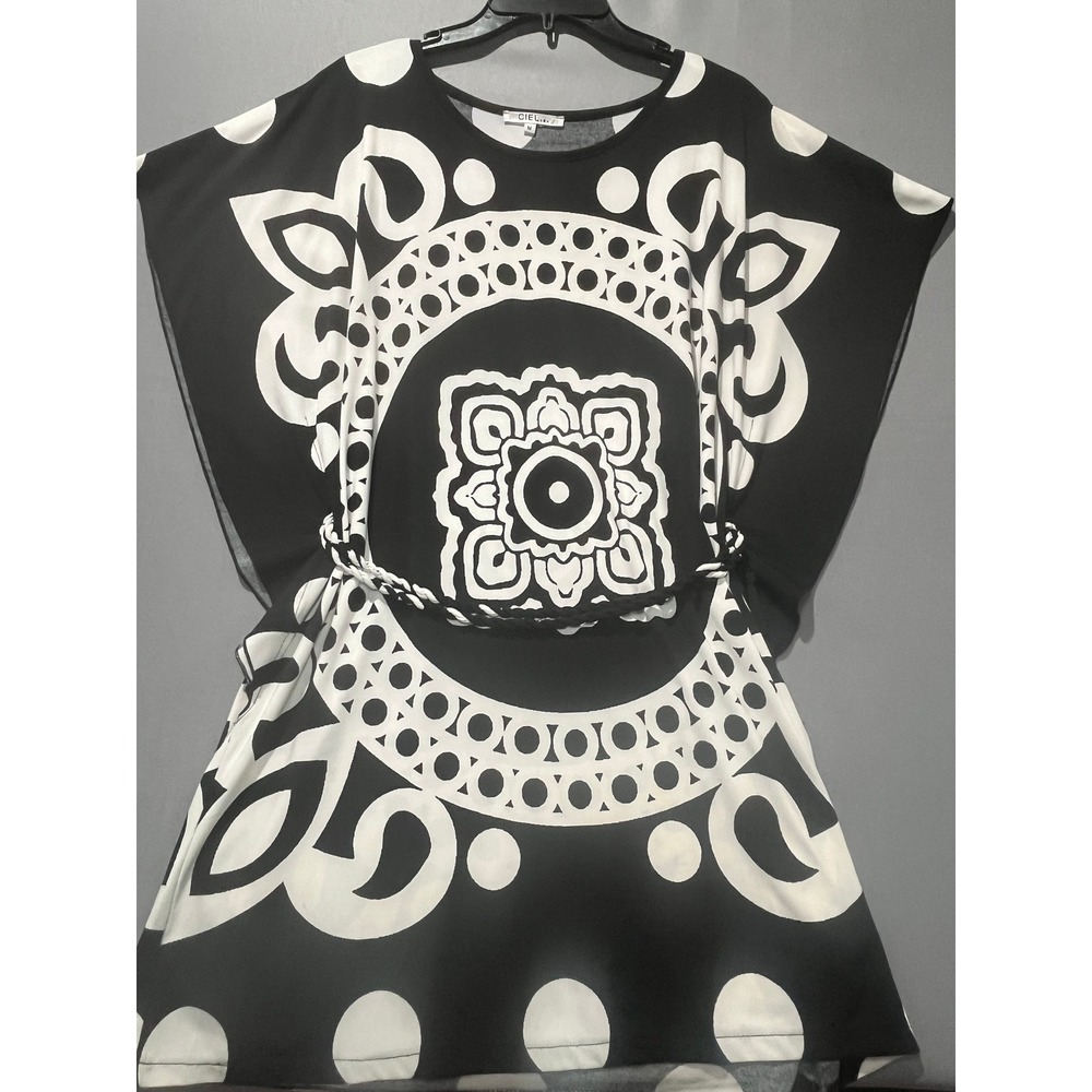 CIEL U.S.A. Black White Geometric Mandala Print Tunic Dress Braided Belt Medium